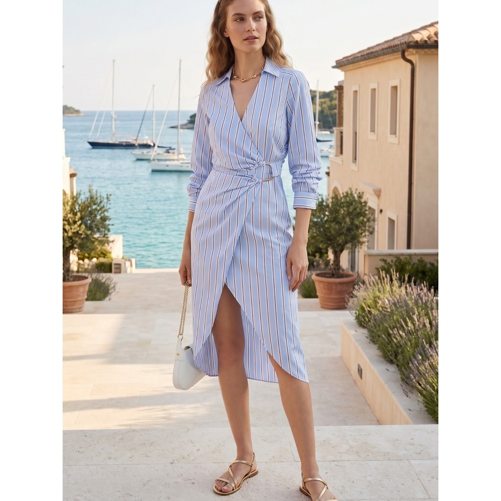 Veronica Beard Afton Striped Wrap Midi Dress Aero Blue Brick NWT Size 0 $498